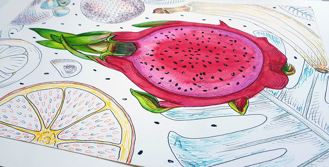 Watercolor illustrations of exotic fruits